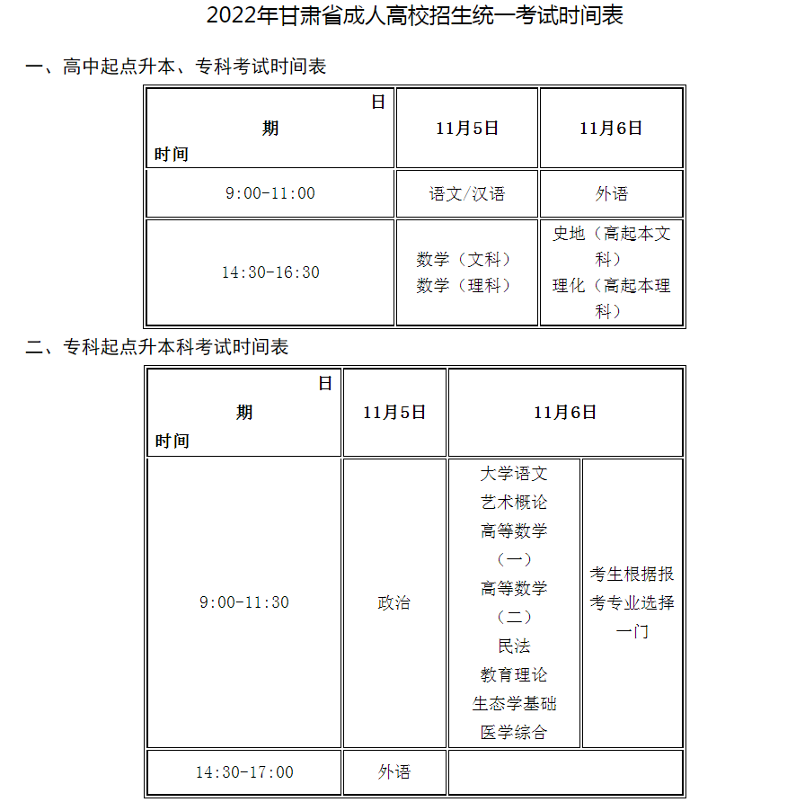 2022年甘肃成人高校招生统一考试时间表